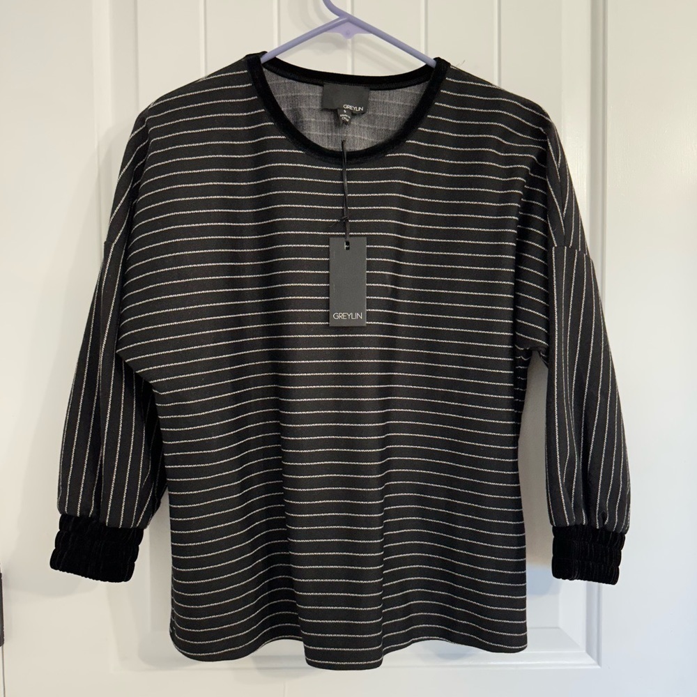 NWT Greylin 3/4 Length Sleeve Gray Striped Shirt